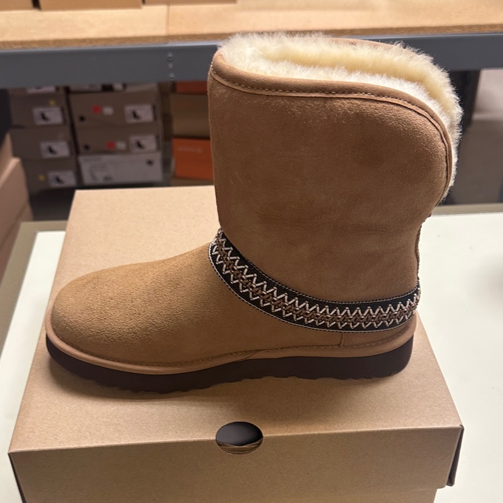 UGG Women’s Classic Short Crescent Chestnut Suede Boots with Shearling Lining - Picture 4 of 13